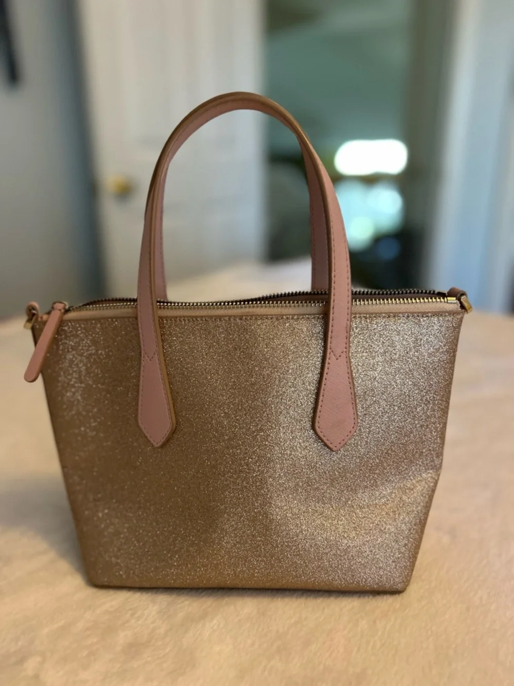 kate spade Glitter Tote in Metallic Rose with Pink Handles